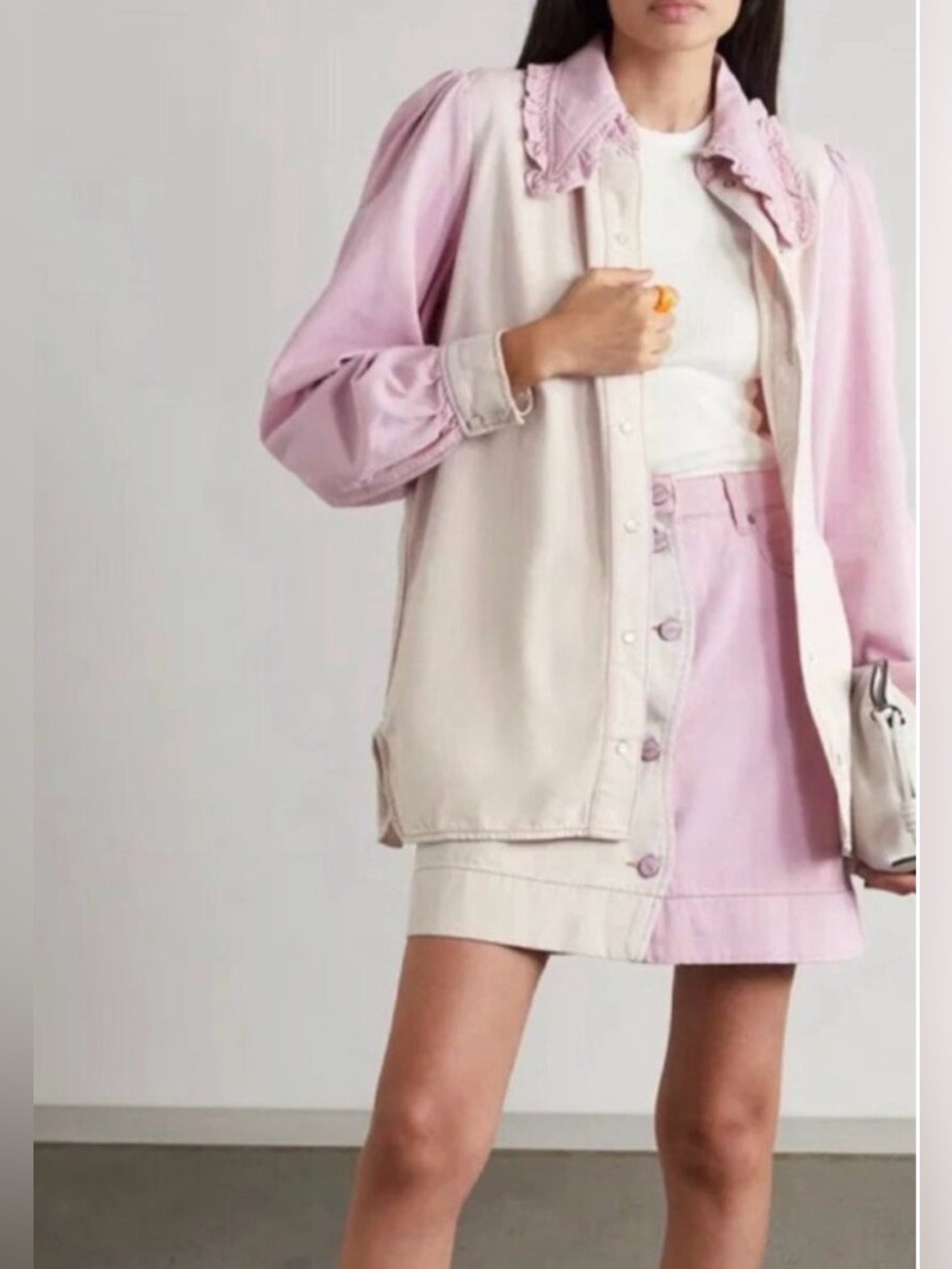 Ganni Ruffled Two-Tone Organic Denim Shirt - Picture 2 of 12